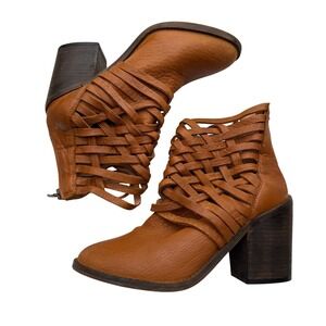 Free People Woven Leather Ankle Boots Braided Boho Coastal Cowgirl Tan Size 37 7